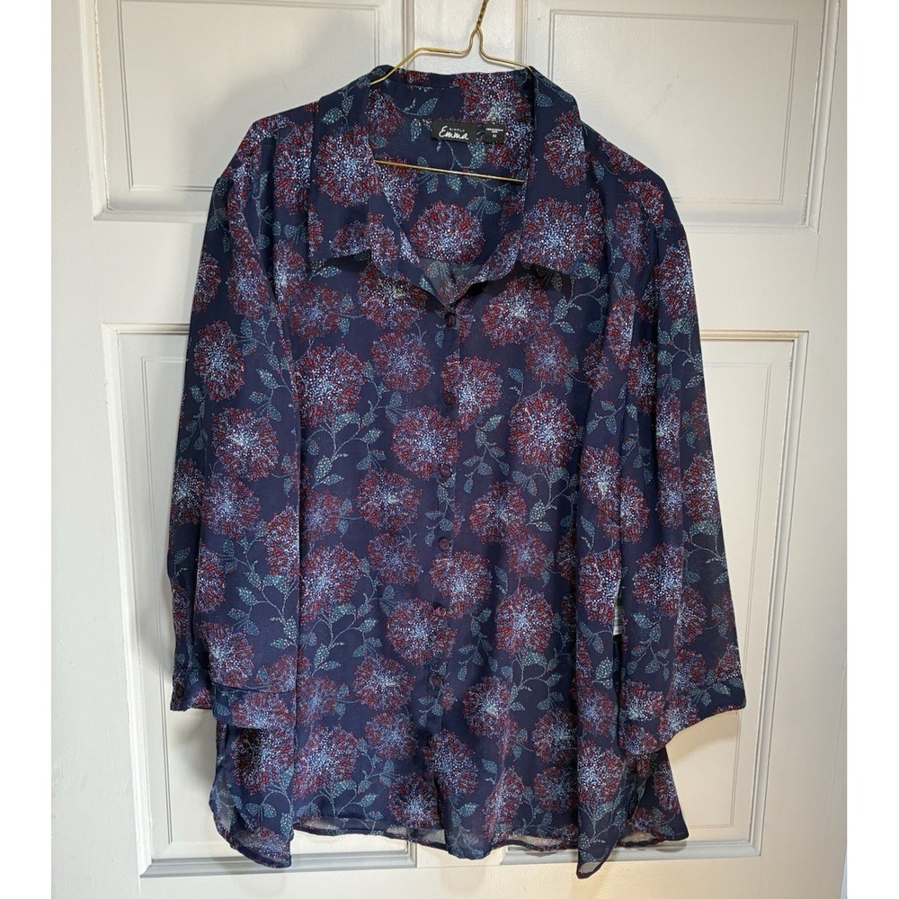 Simply Emma Women's Blouse Size 3X Blue Floral Button Down Lightweight Relaxed